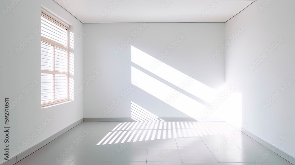 Fototapeta premium Empty room. Interior space, with shadows reflected by the bright daylight coming through the windows. Generative AI