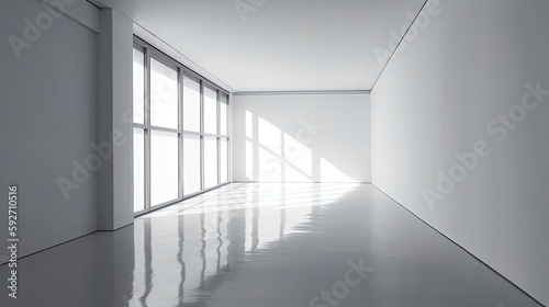 Empty room. Interior space  with shadows reflected by the bright daylight coming through the windows. Generative AI