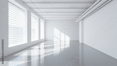 Empty room. Interior space  with shadows reflected by the bright daylight coming through the windows. Generative AI