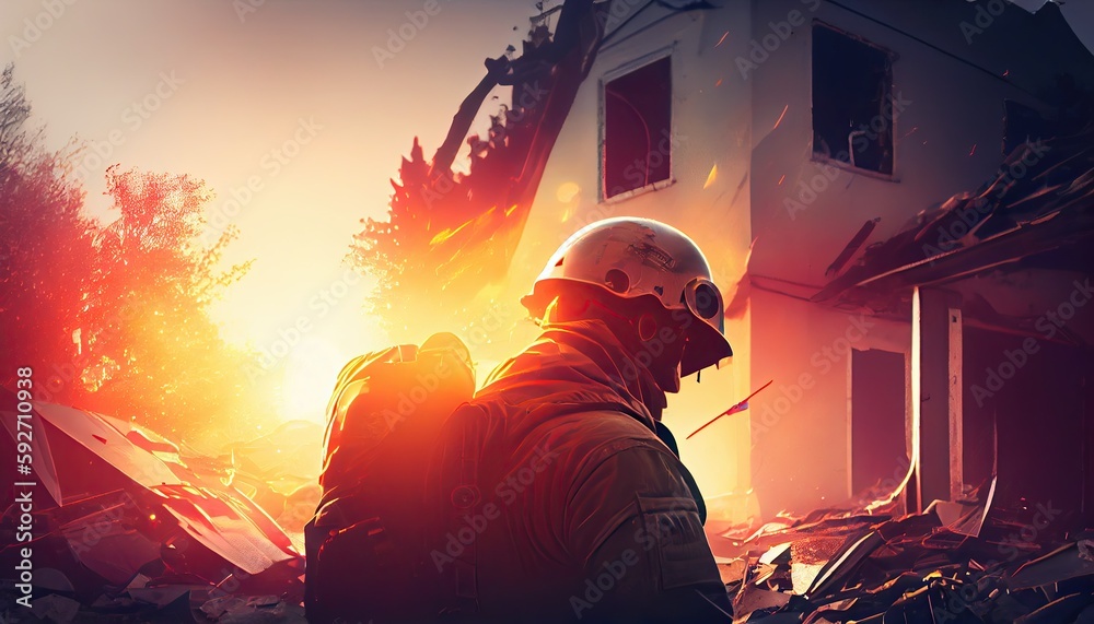 Fototapeta premium firefighter man with fire in bakcground