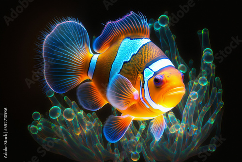 a close up of clown fish in sea anemone. generative ai. © Spirited