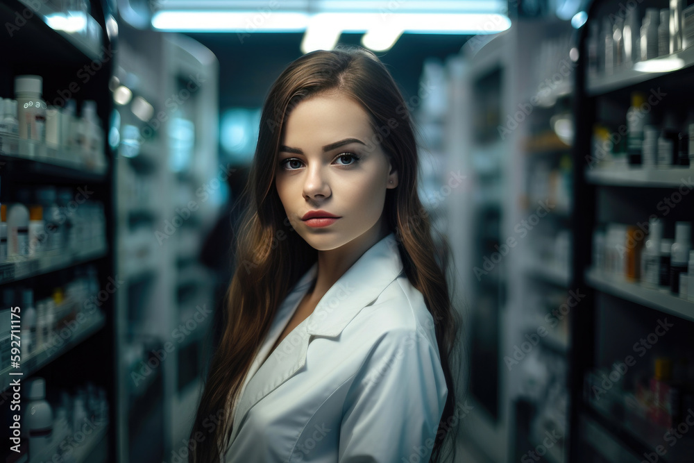 Portrait of a pretty woman pharmacy worker In the pharmacy. Generative AI