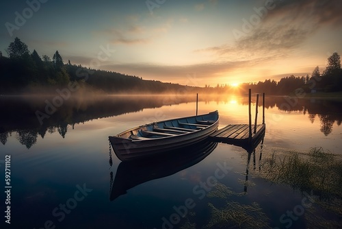 Dawn on a Serene Lake: Tranquil Still Life of Wooden Boat on Calm Waters with Soft Morning Light, Generative AI