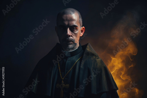 Priest on dark background. Generative AI