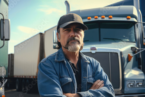 Young Man owner Truck Driver In Business Long transport. Generative AI © AIproduction