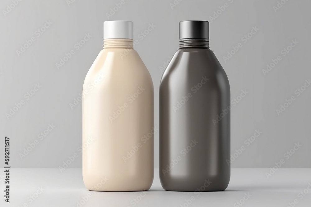 Pair of mockup bottles without labels on a neutral gray background Pair of mockup bottles without labels on a neutral gray background