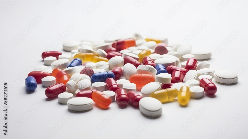 Closeup of colorful pills on white background. Generative AI