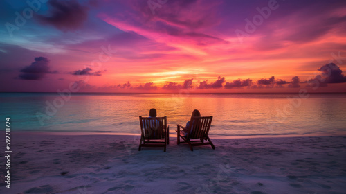 Couple is sitting on beach ...