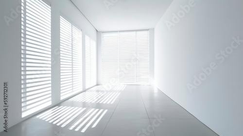 Empty room. Interior space, with shadows reflected by the bright daylight coming through the windows. Generative AI