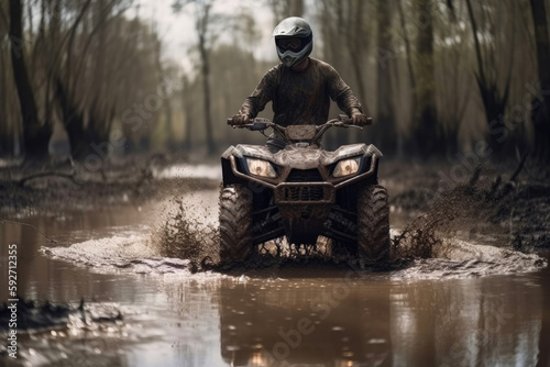 ATV ride through the swamp. A trip through the woods on ATV. Generative AI