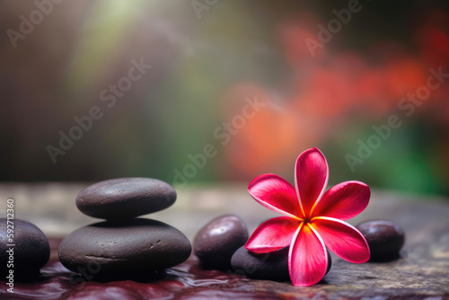 Zen stones in a holistic health idea with a deep red plumeria flower and a hazy background. Generative AI