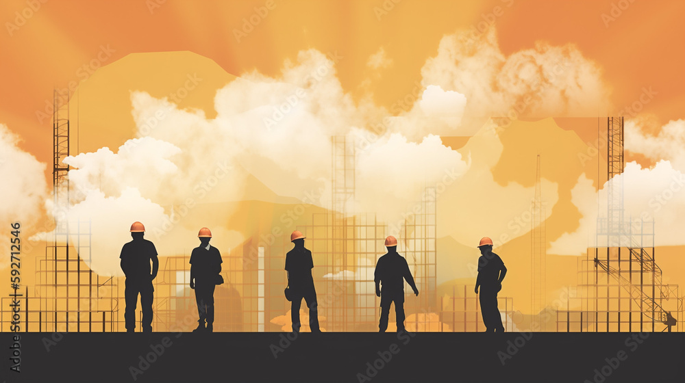 Labour Day, silhouette of workers with helmet, double exposure concept