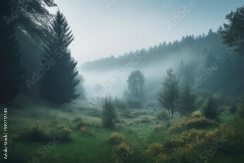 Fog over the coniferous forest. Generative AI
