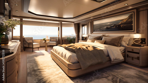 A luxurious image of a spacious master suite on a yacht, with stunning sea views and sumptuous decor © Nilima