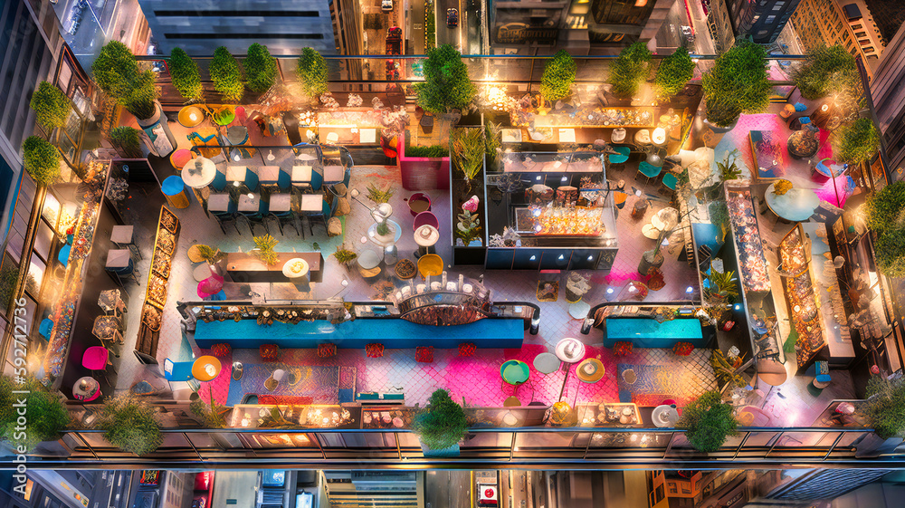 A breathtaking aerial view of a chic rooftop cocktail bar in the midst of a bustling cityscape