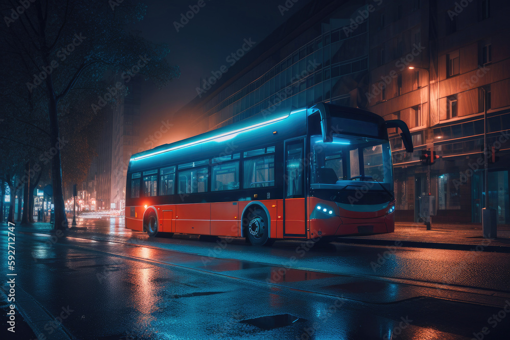 Red city bus travels down a street in city. Generative AI