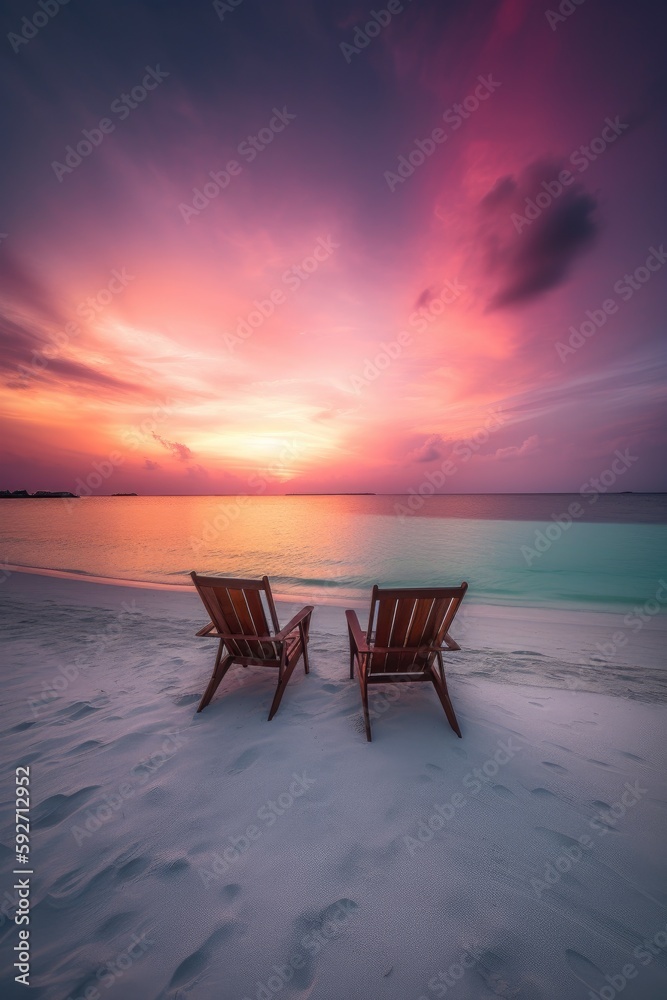 Two beach chairs on the beach of the Maldives at a beautiful sunset. Generative AI