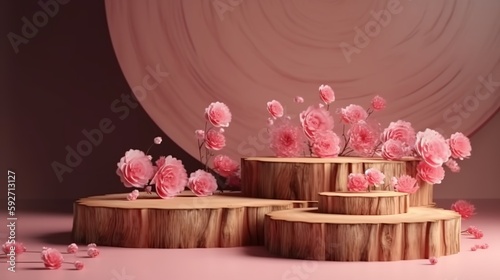 Wood Slice Podium and Pink Flowers - Concept Scene for Mother's Day, Valentine's Day, and More