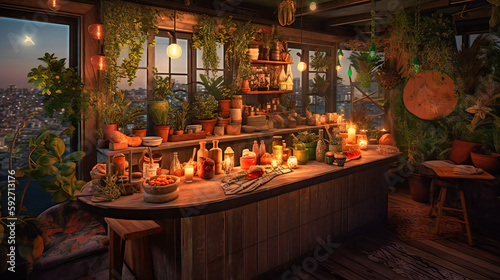 A dreamy image of a candle-lit rooftop cocktail bar, nestled in a lush garden at sunset