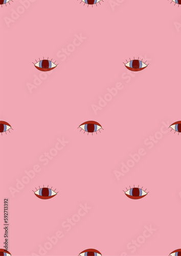 Retro groovy background with trippy eyes 70s 90s. Funky boho psychedelic hippie vibes pattern. Vector illustration in cartoon hand drawn style