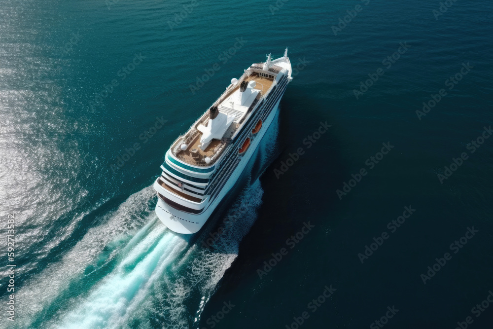 Aerial shot of luxury cruise ship in the blue ocean water. Generative AI
