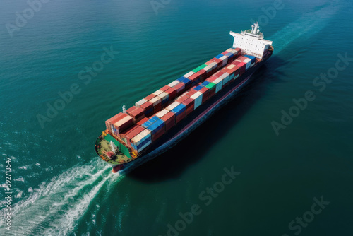 Aerial top view of cargo ship with contrail in the ocean sea ship carrying container. Generative AI