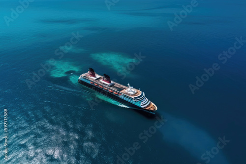 Travel on a cruise comfortable liner on the blue deep ocean in the summer. Generative AI © AIproduction