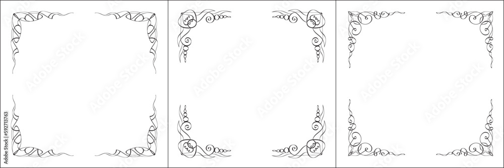 Set of three vector frames. Elegant black and white monochrome ornamental border for greeting cards, banners, invitations. Vector frame for all sizes and formats. Isolated vector illustration. Set of three vector frames. Elegant black and white monochrome ornamental border for greeting cards, banners, invitations. Vector frame for all sizes and formats. Isolated vector illustration.