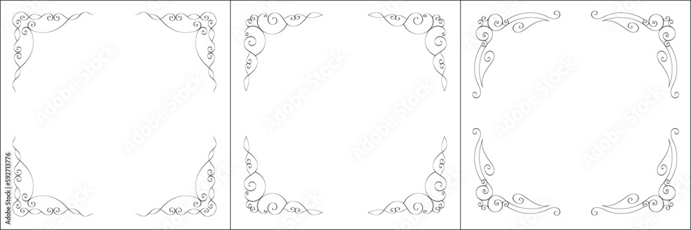 Set of three vector frames. Elegant black and white monochrome ornamental border for greeting cards, banners, invitations. Vector frame for all sizes and formats. Isolated vector illustration. Set of three vector frames. Elegant black and white monochrome ornamental border for greeting cards, banners, invitations. Vector frame for all sizes and formats. Isolated vector illustration.