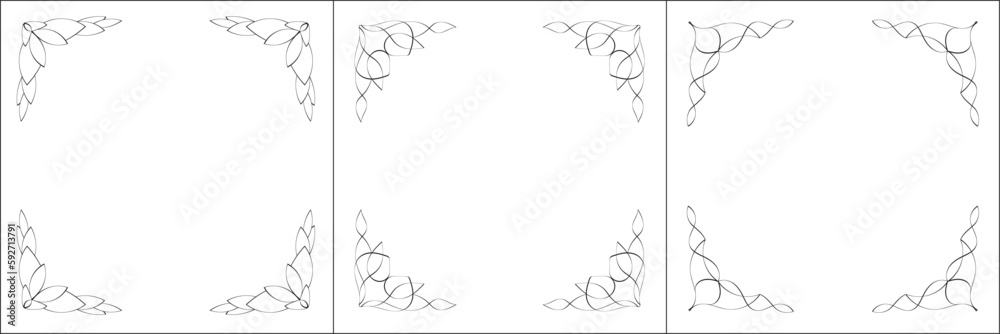 Set of three vector frames. Elegant black and white monochrome ornamental border for greeting cards, banners, invitations. Vector frame for all sizes and formats. Isolated vector illustration. Set of three vector frames. Elegant black and white monochrome ornamental border for greeting cards, banners, invitations. Vector frame for all sizes and formats. Isolated vector illustration.