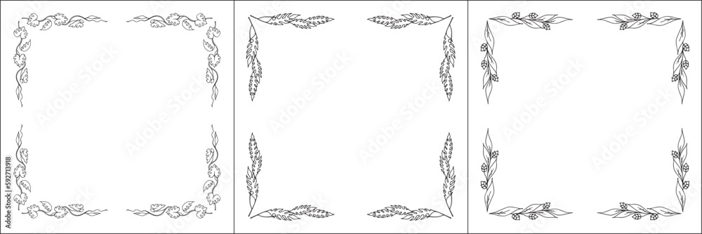 Set of three vector frames. Elegant black and white monochrome ornamental border for greeting cards, banners, invitations. Vector frame for all sizes and formats. Isolated vector illustration. Set of three vector frames. Elegant black and white monochrome ornamental border for greeting cards, banners, invitations. Vector frame for all sizes and formats. Isolated vector illustration.