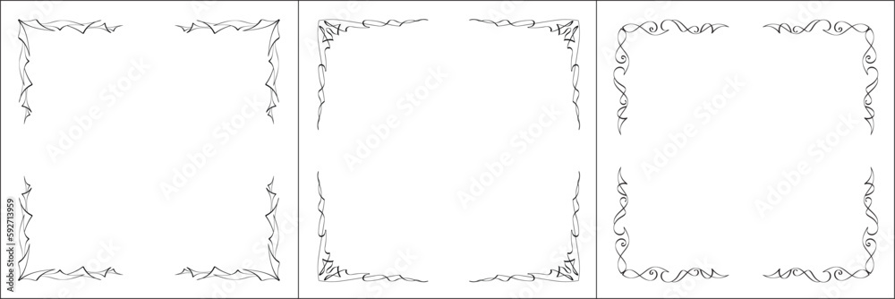 Set of three vector frames. Elegant black and white monochrome ornamental border for greeting cards, banners, invitations. Vector frame for all sizes and formats. Isolated vector illustration.