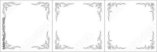 Set of three vector frames. Elegant black and white monochrome ornamental border for greeting cards, banners, invitations. Vector frame for all sizes and formats. Isolated vector illustration.