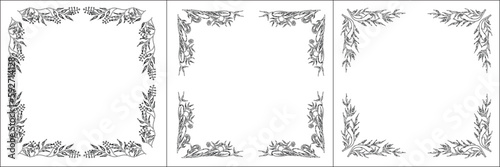 Set of three vector frames. Elegant black and white monochrome ornamental border for greeting cards, banners, invitations. Vector frame for all sizes and formats. Isolated vector illustration.