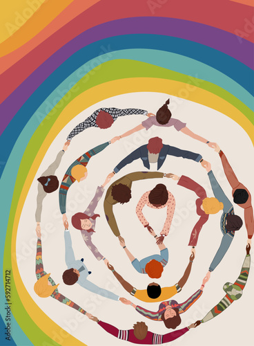 Multicultural volunteer people in circle top view. Support and assistance. NGO. Aid. Solidarity charity and donation. Give and help. Non-profit. People diversity. Poster banner template