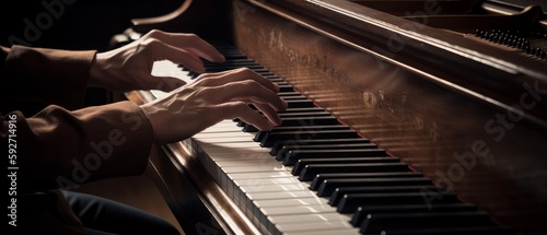 Hands of a pianist gracefully playing the keys of a piano. Generative AI