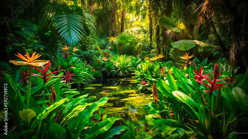 A vibrant close-up view of a lush oasis flourishing with greenery and diverse wildlife