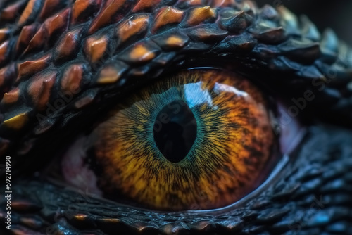 Macro eye of dragon, scales of reptile and pupil, an evil look into camera. Fantasy illustration, Generative AI