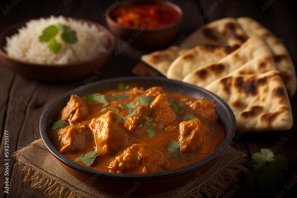Chicken tikka masala spicy curry meat food in a clay plate with rice and naan made with Generative AI Chicken tikka masala spicy curry meat food in a clay plate with rice and naan made with Generative AI