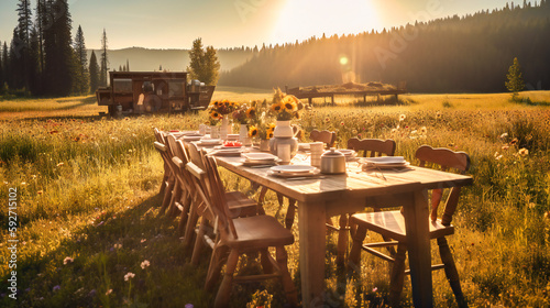 An exquisite display of a lavish open-air dining experience in the midst of a scenic, summer wilderness landscape