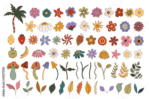 Set of retro groovy flowers, leaves, mushrooms with happy smiles. Hippie 60s, 70s, 80s style floral botanical. Vector illustration in trippy cartoon hand drawn style
