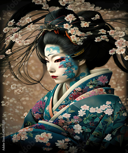 Geisha Japanese Japan Samurai Anime geisha. Geisha Japanese Japan Samurai Anime asian. A colorful portrait of a japanese geisha with flowers on her hair detailed anime painting. 