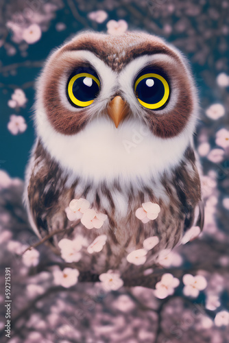 illustration of a cute owl with big eyes in the spring landscape in the background  during the cherry blossoms  generative ai 