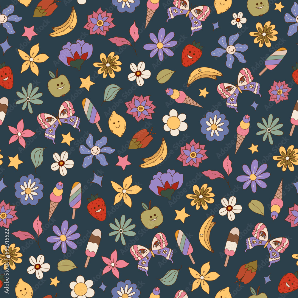Retro groovy summer seamless pattern with flowers, fruits, ice cream 70s background. Funky boho vibrant hippie vibes pattern. Vector illustration in flat style