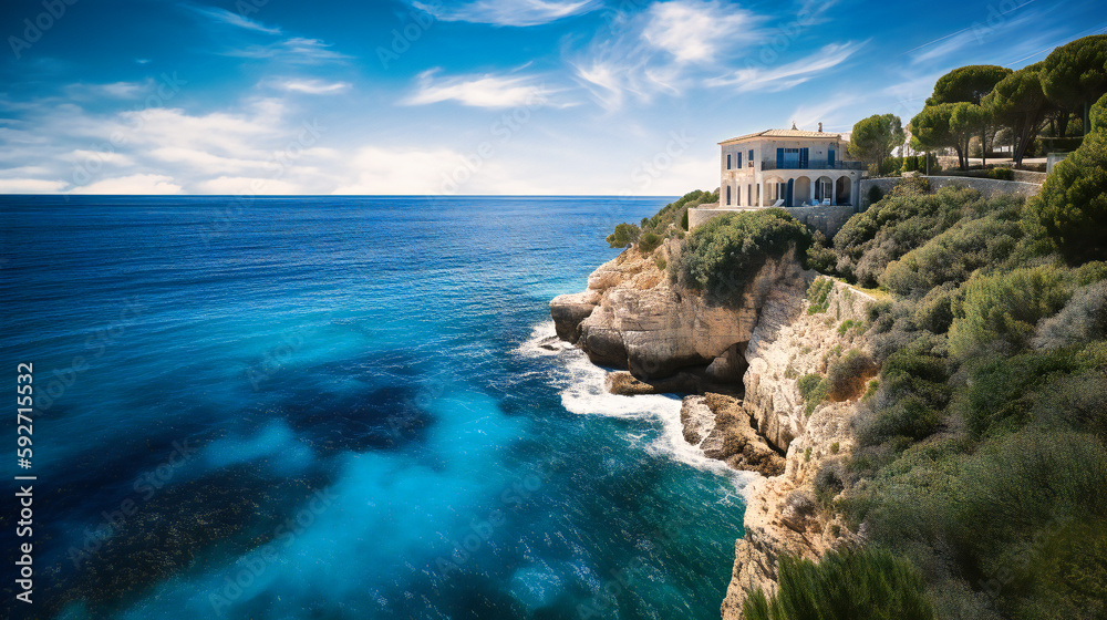 A breathtaking image of a luxurious summer villa rental, harmoniously blending with the surrounding natural beauty and overlooking the captivating ocean