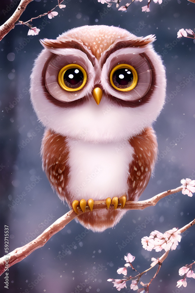 illustration of a cute owl with big eyes in the spring landscape in the background, during the cherry blossoms, generative ai	