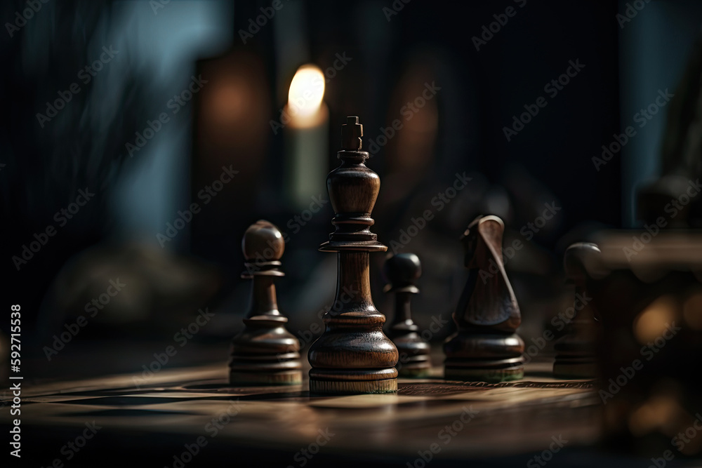 Chess pieces on chessboard, dark background. Strategy and tactics for winning. Created with Generative AI Chess pieces on chessboard, dark background. Strategy and tactics for winning. Created with Generative AI