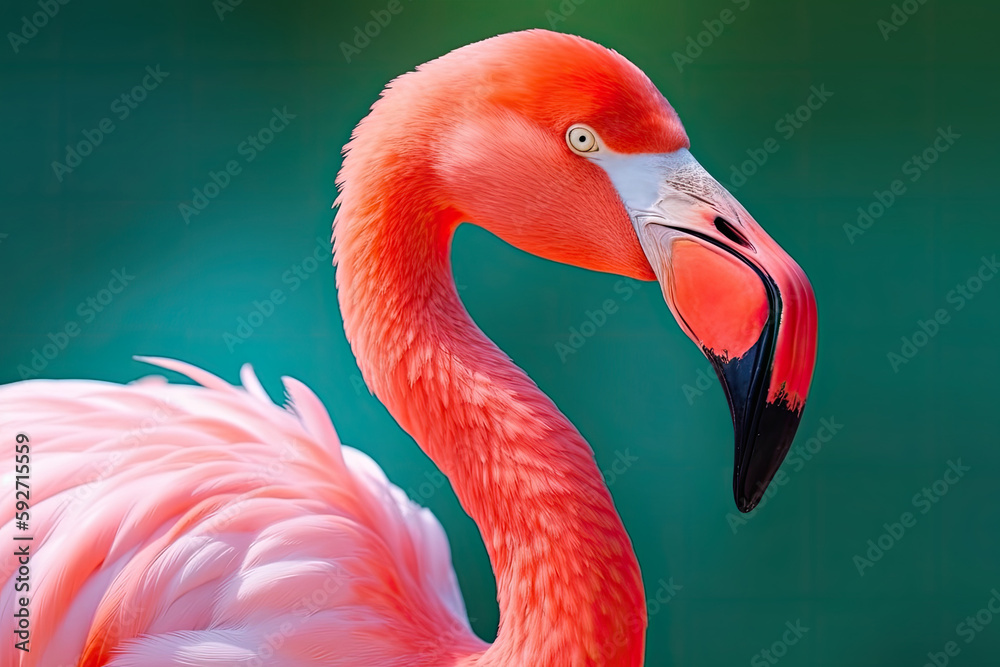 Fototapeta premium Flamingo portrait on pastel colored background. Exotic bird. Creativity banner. Created with Generative AI