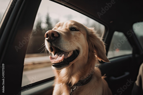 Happy dog looks out from car window. Road trip with dog. Created with Generative AI
