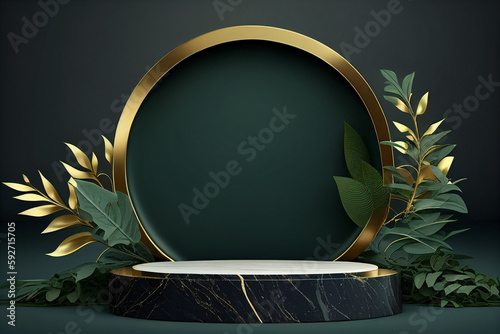Modern empty round podium or stage mockup for product photos with green elements made with Generative AI